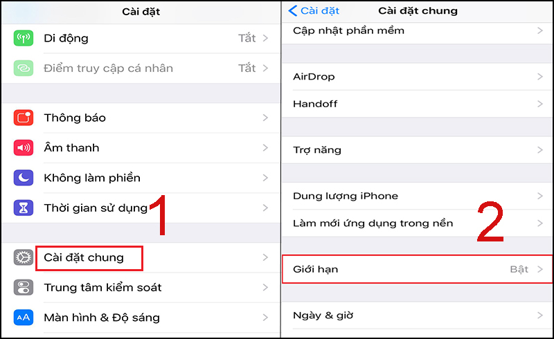 Bước 1: Vào Cài đặt => “Cài đặt chung” => “Giới hạn”.